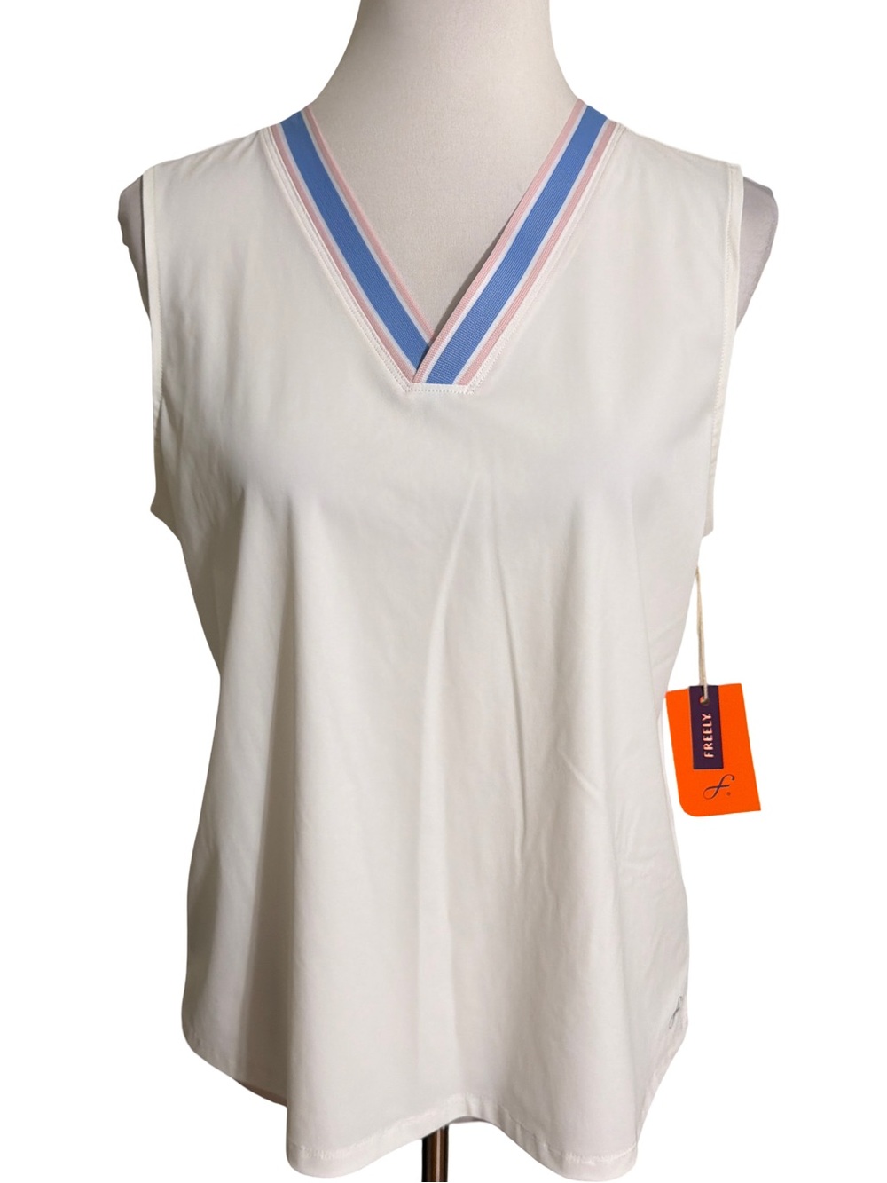 Freely White V-Neck Tank Top Blue Pink Trim